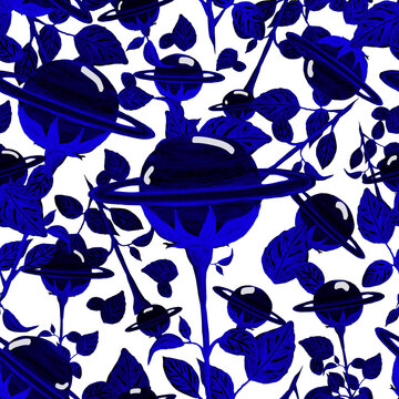 watercolor space pattern, planet Saturn on a large blue flower , fantasy illustration