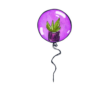 Watercolor balloon holiday, home plant, on a white background for your design isolated, illustration hand drawn