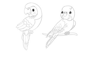 Black and white graphic illustration of two parrots , girl and boy . Idea for icon, stickers, books, children’s cartoon, print
