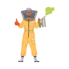Equipped Man Beekeeper or Apiarist with Smoker Showing Thumb Up Hand Gesture Vector Illustration