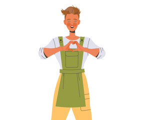 Male Beekeeper or Apiarist in Apron Showing Hand Heart Gesture and Smiling Vector Illustration