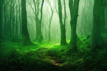 Misty foggy green celtic forest with lush foliage, calm nature organic background, digital illustration, digital painting, cg artwork, realistic illustration, 3d illustration