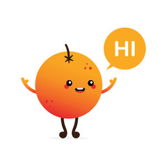 Cute cartoon style orange fruit character with speech bubble saying hi, hello.
