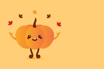 Cute cartoon style orange pumpkin character with colorful leaves card template with copy space for text, information, notification. Pumpkin Day and autumn, fall design.
