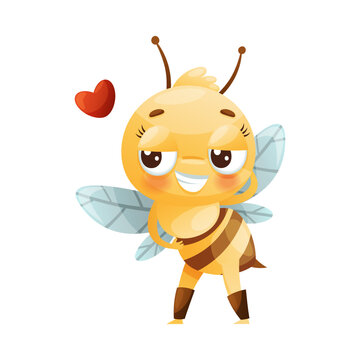 Cute Bee Character with Striped Yellow Body and Wings Posing with Red Heart Vector Illustration