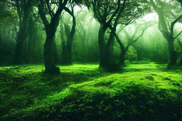Obraz premium Misty foggy green celtic forest with lush foliage, calm nature organic background, digital illustration, digital painting, cg artwork, realistic illustration, 3d illustration
