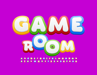 Vector playful sign Game Room. Bright Kids Font. Colorful Alphabet Letters, Numbers and Symbols set. 