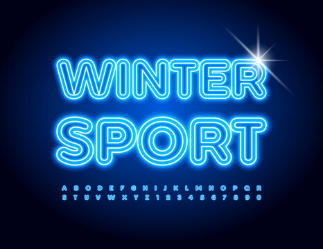Vector neon Emblem Winter Sport. Blue Bright Font. Glowing Alphabet Letters and Numbers set