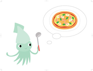献立を考えるイカ（シーフードピザ）