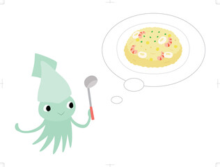 献立を考えるイカ（シーフードピラフ）