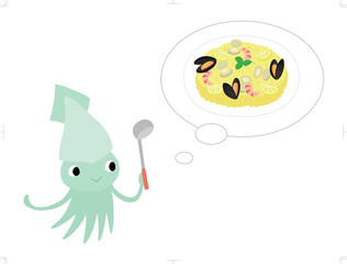 献立を考えるイカ（シーフードパエリア）