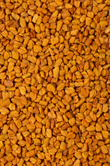 Fenugreek seeds, spices close-up as a background flat lay. Indian and Arabic spices for cooking. Medicinal herbs and condiment.