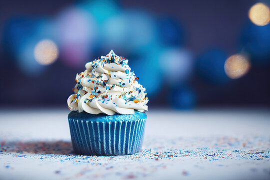Delicious fresh cupcake with blue frosting, digital illustration, digital painting, cg artwork, realistic illustration