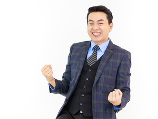 Millennial Asian smart handsome cheerful proud successful professional male businessman ceo entrepreneur in plaid formal suit and necktie standing smiling posing on white background.