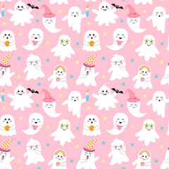 Cute pink halloween ghost seamless pattern. Creepy baby boo characters with different emotions, facial expressions and accessories.
