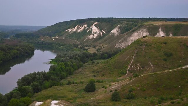 Mid summer landscape of chalk mountains and hills at Don River valley, Storozhevoe, Voronezh region, Russia
