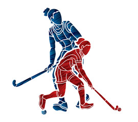 Obraz premium Group of Field Hockey Sport Woman Players Action Cartoon Graphic Vector