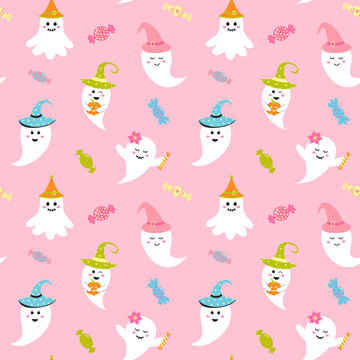 Cute Pink Halloween Ghost Seamless Pattern. Creepy Baby Boo Characters With Candies.