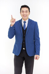 Millennial Asian smart handsome cheerful proud successful professional male businessman ceo entrepreneur in formal suit and necktie standing smiling posing on white background