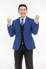 Millennial Asian smart handsome cheerful proud successful professional male businessman ceo entrepreneur in formal suit and necktie standing smiling posing on white background