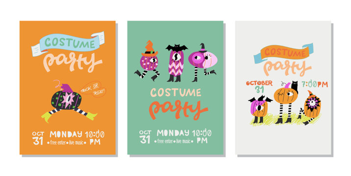 Set of hand drawn Halloween party invitations or posters with hand lettering text and traditional elements. Costume Party inscription and eerie pumpkin characters in witch hat, boots and striped socks