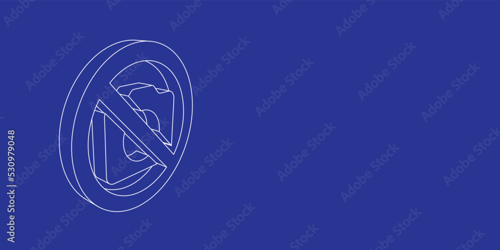 Poster the outline of a large no photo symbol made of white lines on the left. 3d view of the object in per