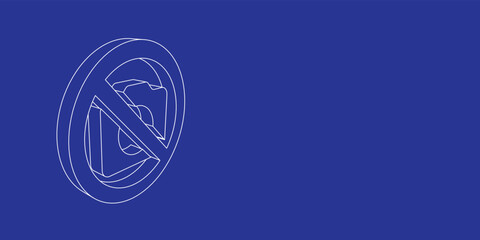 The outline of a large no photo symbol made of white lines on the left. 3D view of the object in perspective. Vector illustration on indigo background