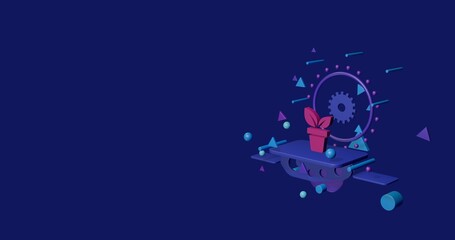 Pink plant in pot symbol on a pedestal of abstract geometric shapes floating in the air. Abstract concept art with flying shapes on the right. 3d illustration on indigo background