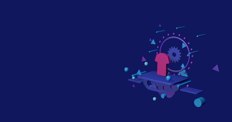 Pink t-shirt symbol on a pedestal of abstract geometric shapes floating in the air. Abstract concept art with flying shapes on the right. 3d illustration on indigo background