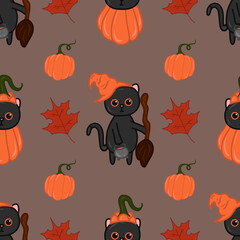 Halloween kawaii cat with costume vector seamless pattern