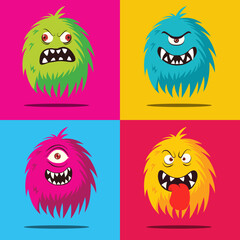 set of cartoon furry monster with different expressions. vector. illustration