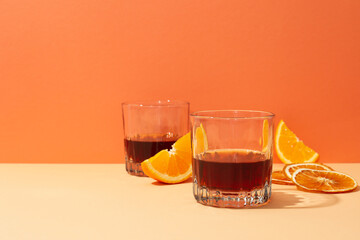 Concept of delicious alcohol drink, Whiskey with orange