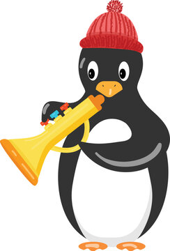 Penguin gold trumpet icon cartoon vector. Baby animal. Ice winter