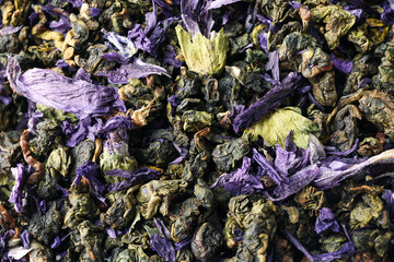 Concept of tasty hot drink, Anchan tea, close up