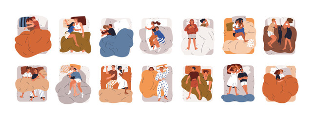 Fototapeta premium Couples sleep in beds set. Men and women asleep, lying in different positions, poses. People, wives and husbands dreaming under blanket. Flat graphic vector illustrations isolated on white background