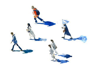 Watercolor people group outdoors. Illustration of diverse stylish men and women. Illustration of the lifestyle of people
