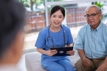 Caregiving nurse working in elder home care service showing health condition report to senior retirement ege person and call for meeting to brieft consult to senior personnel how to maintain healthy

