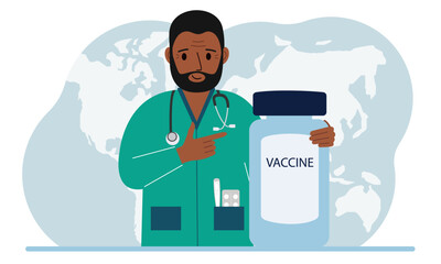 Pandemic, vaccination and health concept. Doctor with a bottle of vaccine.
