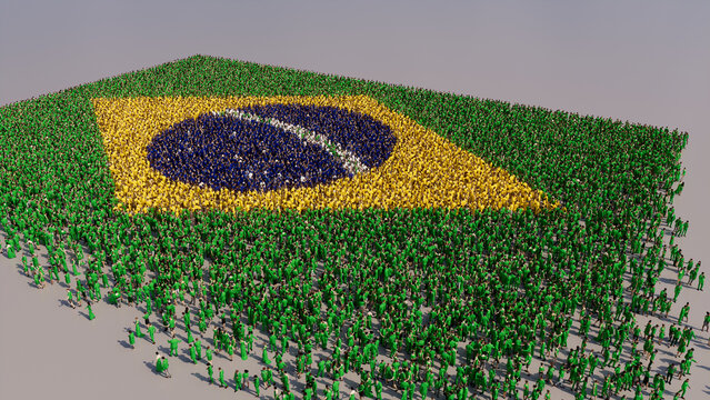 Aerial view of a Crowd of People, gathering to form the Flag of Brazil. Brazilian Banner on White Background.