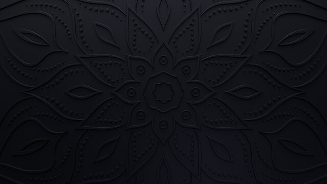 Diwali Concept featuring a Black 3D Ornate Pattern. Festival Wallpaper. 3D Render.