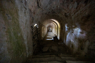 Metropolitan City of Turin, Piedmont, northern Italy  - August 19 2022: Indoor royal staircase, 4000 steps, in Fenestrelle Fort, the biggest alpine fortification in Europe.
