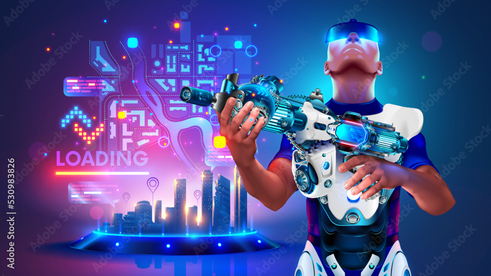 Aufkleber Computer player with a gun in virtual reality. VR online game interface with map of level. Player got ready to play in VR shooter. Virtual reality glasses and virtual armor on computer video gamer.