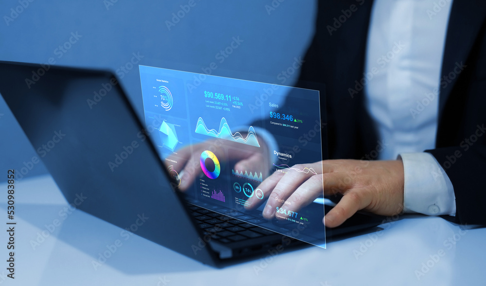 Poster advisor using kpi dashboard on virtual screen.business finance data analytics graph.financial manage