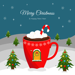 Christmas and New Year greeting card, invitation. Cup of hot chocolate or coffee decorated by marshmallow, candy cane, door, wreath and flashlight . Vector illustration. Greeting card, banner, poster.