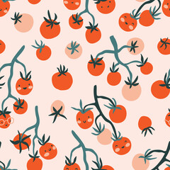 Vector hand-drawn organic food seamless pattern design for fabric or wrapping paper, branding. Fresh cherry tomatoes on the branches. Veggies print design. 
