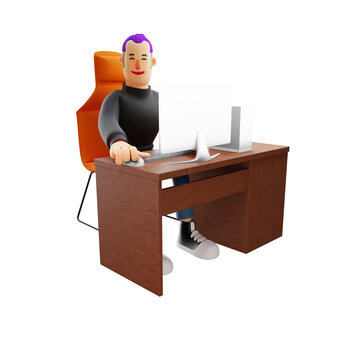 3D illustration. 3D illustration of Cool Man character Working at Desk. sitting in a red chair in front of a computer. with a smiling expression. 3D Cartoon Character