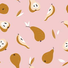 Cute vector hand-drawn pears on the pink background. Seamless fruit print design for fabrics or wrapping paper. - 530984207