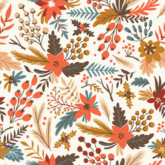 New year seamless pattern with branches, berries and flowers. Christmas floral hand drawn wrap paper or fabric design.