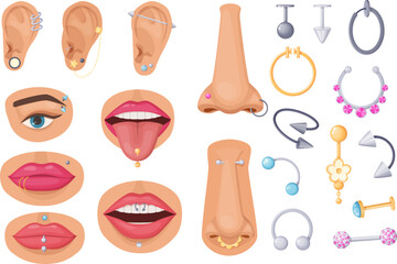 Piercings of different parts of human body set. Metallic silver and golden ring, earring, barbell, cone and ball. Fashion bijouterie for ear, nose, tongue, eyebrow