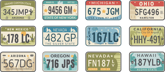 Set of USA states car vehicles registration plates